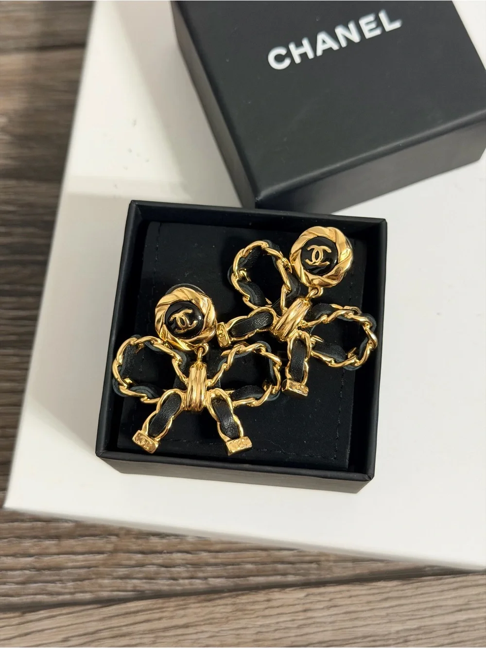 CHANEL Leather Bow CC Gold Dangle Earrings